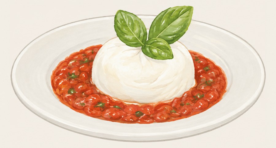 Burrata al pomodoro servida em prato branco, com molho de tomate e manjericão