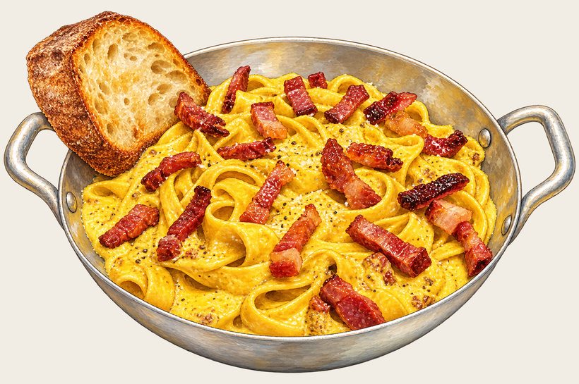 Carbonara na panela, com guanciale crocante, creme de ovos e parmesão