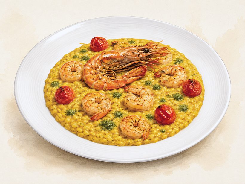 Risotto ai gamberi — risoto cremoso com camarões grelhados e tomatinhos