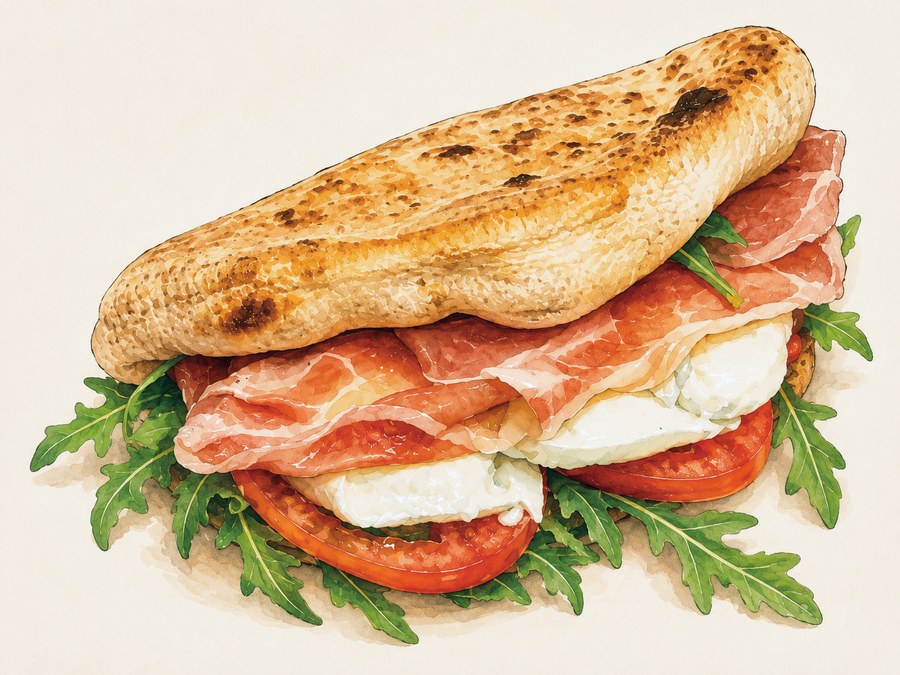 Panini Italianissimo em pão focaccia, com presunto cru de Parma, mozzarella, tomate e rúcula