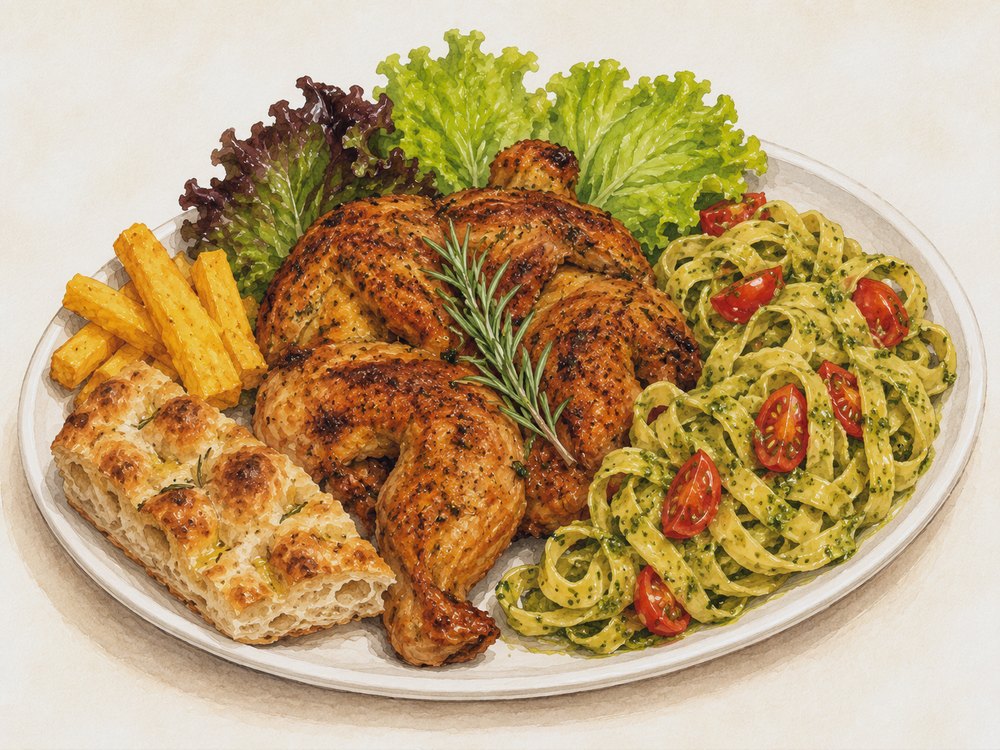 Galeto Primo Canto — galeto assado com tagliatelle ao pesto, focaccia e polenta frita