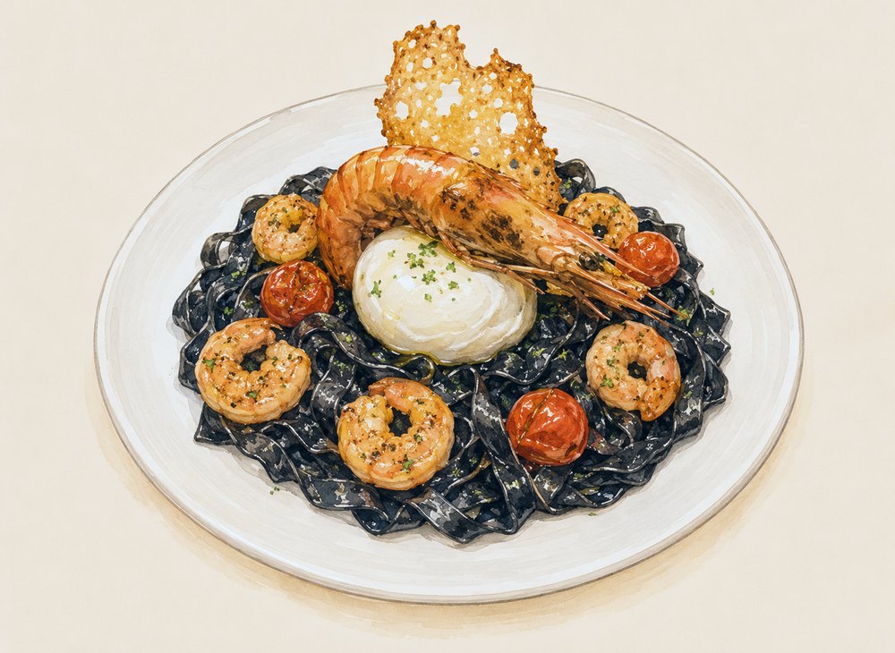Alla Sesto Senso — tagliatelle com tinta de lula, camarões rosa, camarão pistola e burrata fresca