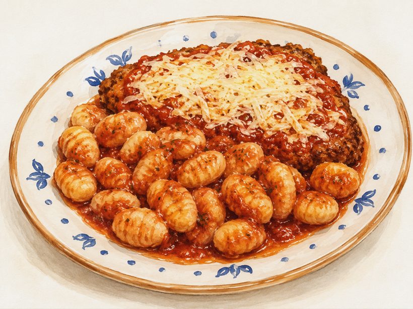 Alla parmigiana — bife de contrafilé à parmegiana com nhoque ao molho de tomate