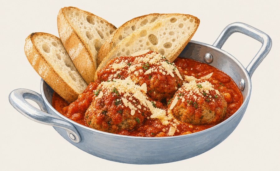 Polpette al sugo servidas na panela com molho de tomate, parmesão e fatias de pão