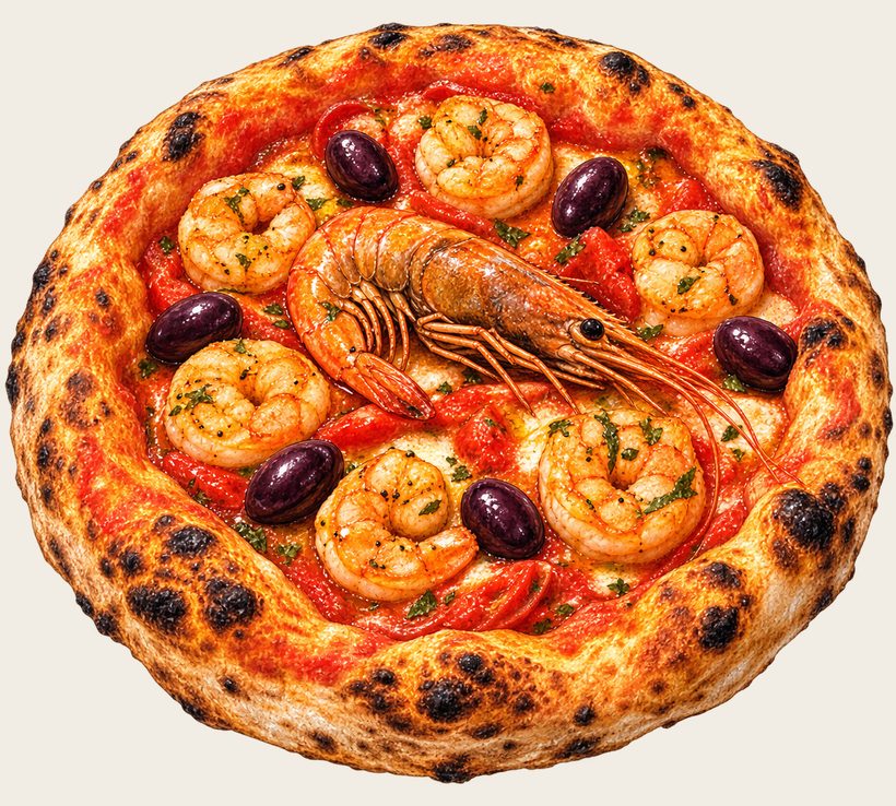 Sapore di mare — camarões rosa, camarão pistola, azeitonas e tomatinhos