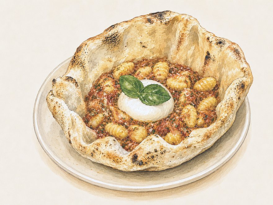 Gnocchi alla Sorrentina servido na cesta de pão, com molho de tomate e mozzarella fresca