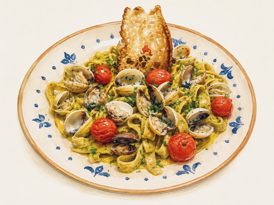Alle vongole — massa com berbigão fresco, tomatinhos e pão crocante